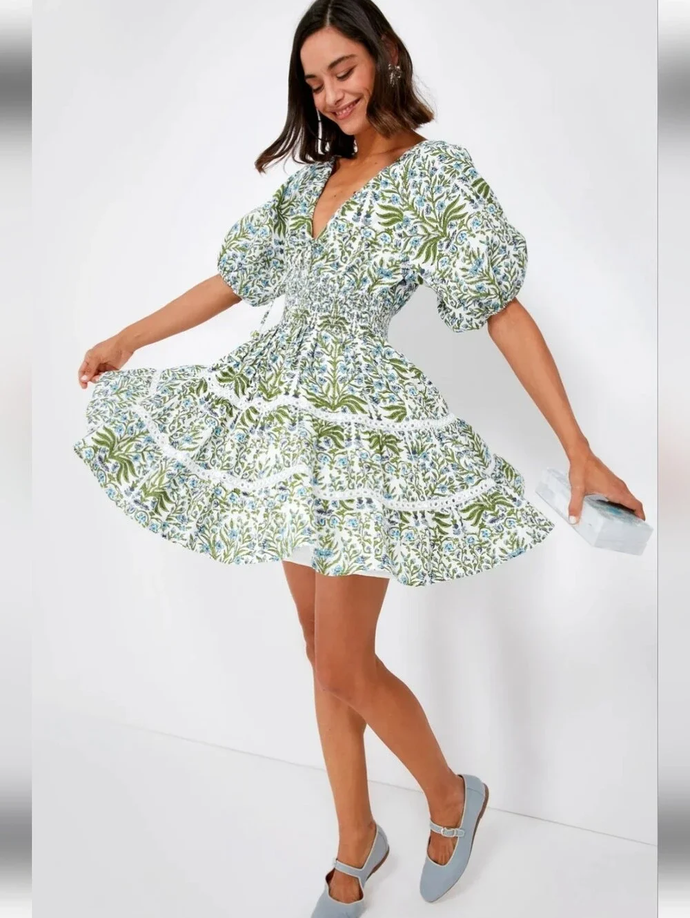 SAYLOR White Floral Puff-Sleeve Mini Dress with Green Print - Picture 1 of 16